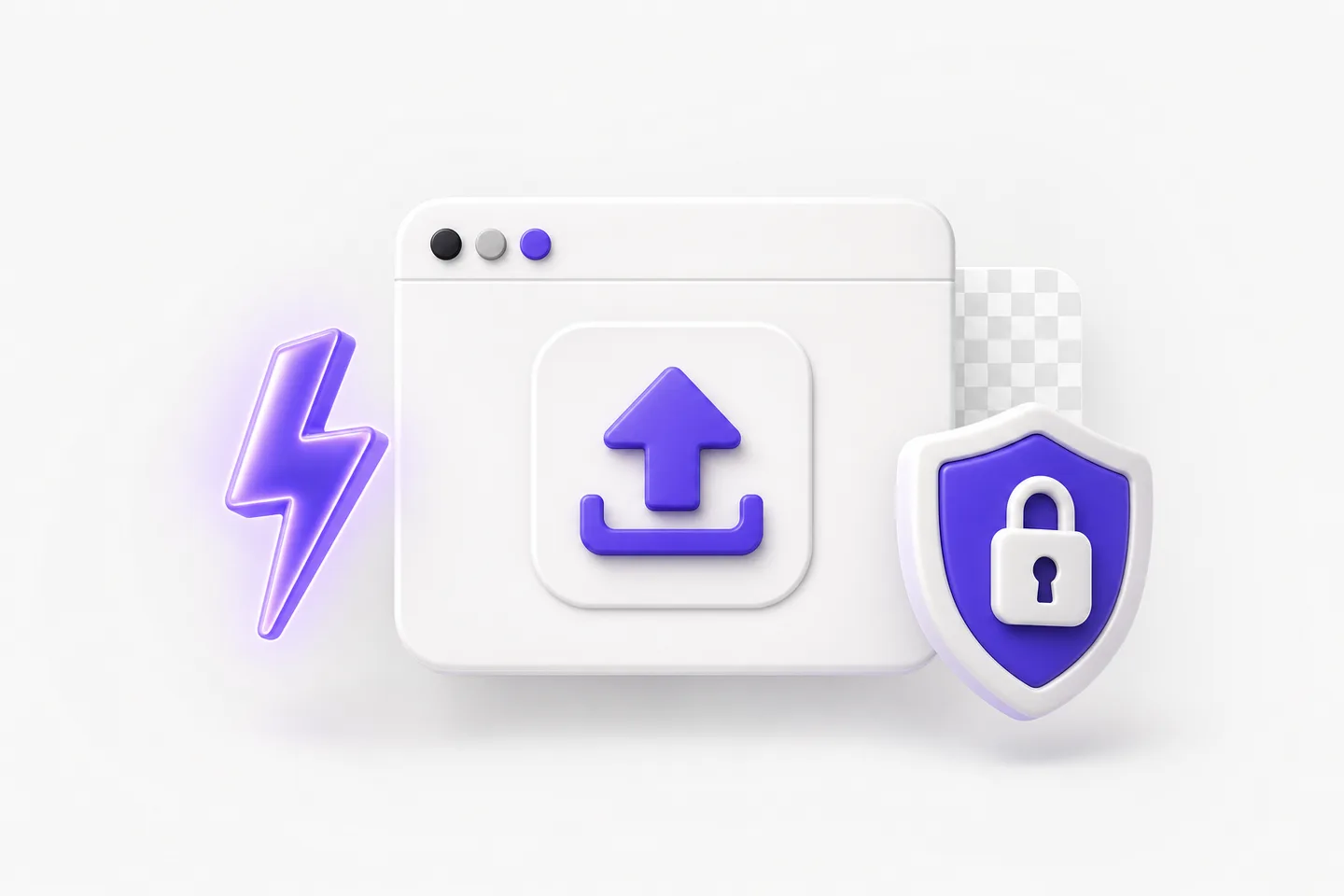 A browser window, lightning bolt, and padlock representing fast private PNG to EPS conversion