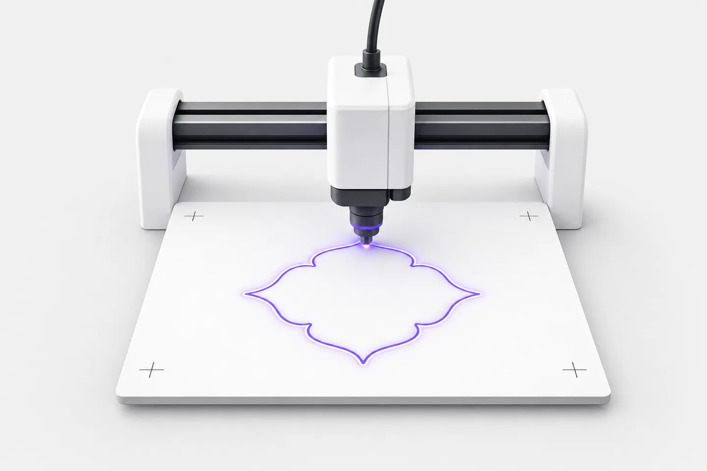 A cutting machine head following a violet cut path from SVG trace